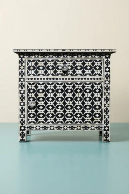 Quote Bone Inlay Bedside 1 Drawer 1 Door Black, buy quote bone inlay bedside, luxury quote bone inlay bedside, handcrafted quote bone inlay bedside, handmade quote bone inlay bedside, quote bone, bonequote-bone-inlay-bedside-1-drawer-1-door-black-bedside-table-black-furniture-bone-inlay-furniture-handmade-bone-inlay-nightstand-01.webp