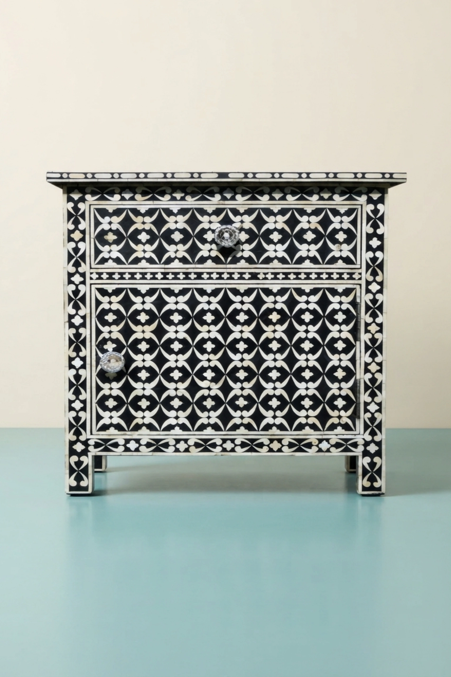 Quote Bone Inlay Bedside 1 Drawer 1 Door Black, buy quote bone inlay bedside, luxury quote bone inlay bedside, handcrafted quote bone inlay bedside, handmade quote bone inlay bedside, quote bone, bonequote-bone-inlay-bedside-1-drawer-1-door-black-bedside-table-black-furniture-bone-inlay-furniture-handmade-bone-inlay-nightstand-01.webp