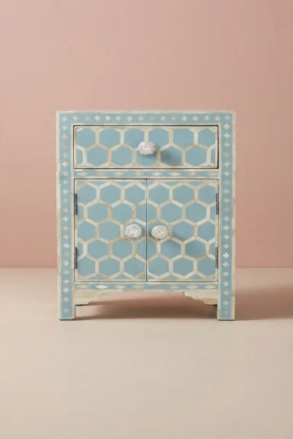 Sky Blue Bone Inlay Nightstand Honeycomb, buy sky blue bone inlay, luxury sky blue bone inlay, handcrafted sky blue bone inlay, handmade sky blue bone inlay, sky blue bone inlay online, sky blue, skysky-blue-bone-inlay-nightstand-honeycomb-bedside-table-blue-furniture-bone-inlay-furniture-handmade-bone-inlay-nightstand-01.webp