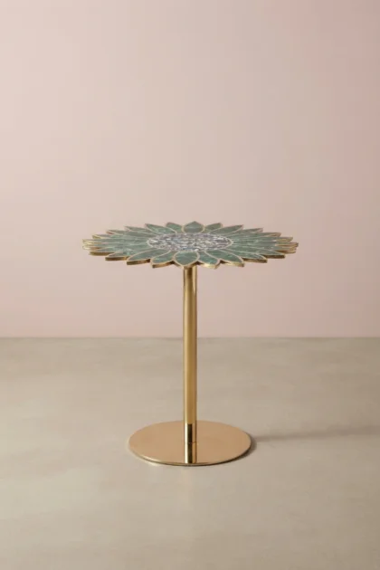 Sunflower Brass Side Table with Green Aventurine Abalone Shell, buy sunflower brass side table, luxury sunflower brass side table, handcrafted sunflower brass side table, sunflower brass side giftsunflower-brass-side-table-with-green-aventurine-abalone-shell-brass-furniture-furniture-table-green-furniture-metal-furniture-01.webp