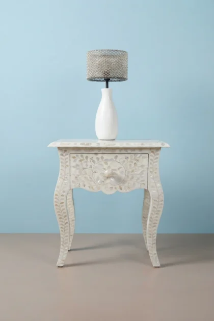 White Mother Of Pearl Inlay French Bedside 1 Drawer Floral Design, buy white mother pearl inlay, luxury white mother pearl inlay, handcrafted white mother pearl inlay, white mother pearl inlay onlinewhite-mother-of-pearl-inlay-french-bedside-1-drawer-floral-design-bedside-table-floral-design-floral-pattern-flower-motif-mop-inlay-furniture-01.webp