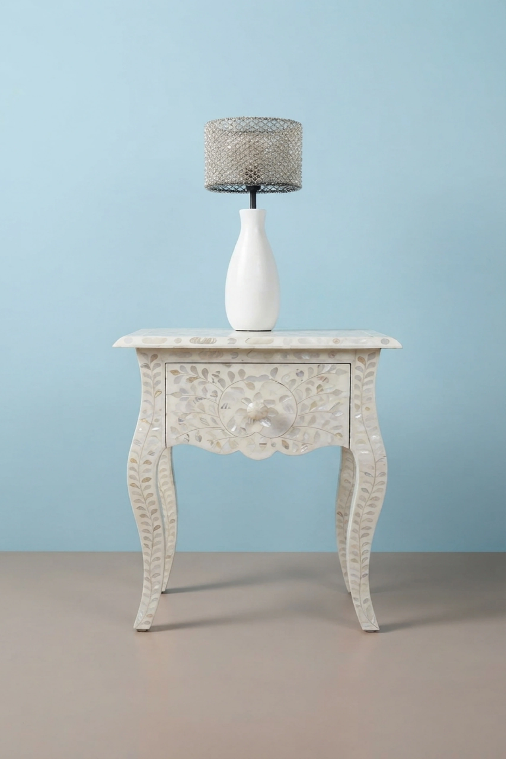 White Mother Of Pearl Inlay French Bedside 1 Drawer Floral Design, buy white mother pearl inlay, luxury white mother pearl inlay, handcrafted white mother pearl inlay, white mother pearl inlay onlinewhite-mother-of-pearl-inlay-french-bedside-1-drawer-floral-design-bedside-table-floral-design-floral-pattern-flower-motif-mop-inlay-furniture-01.webp